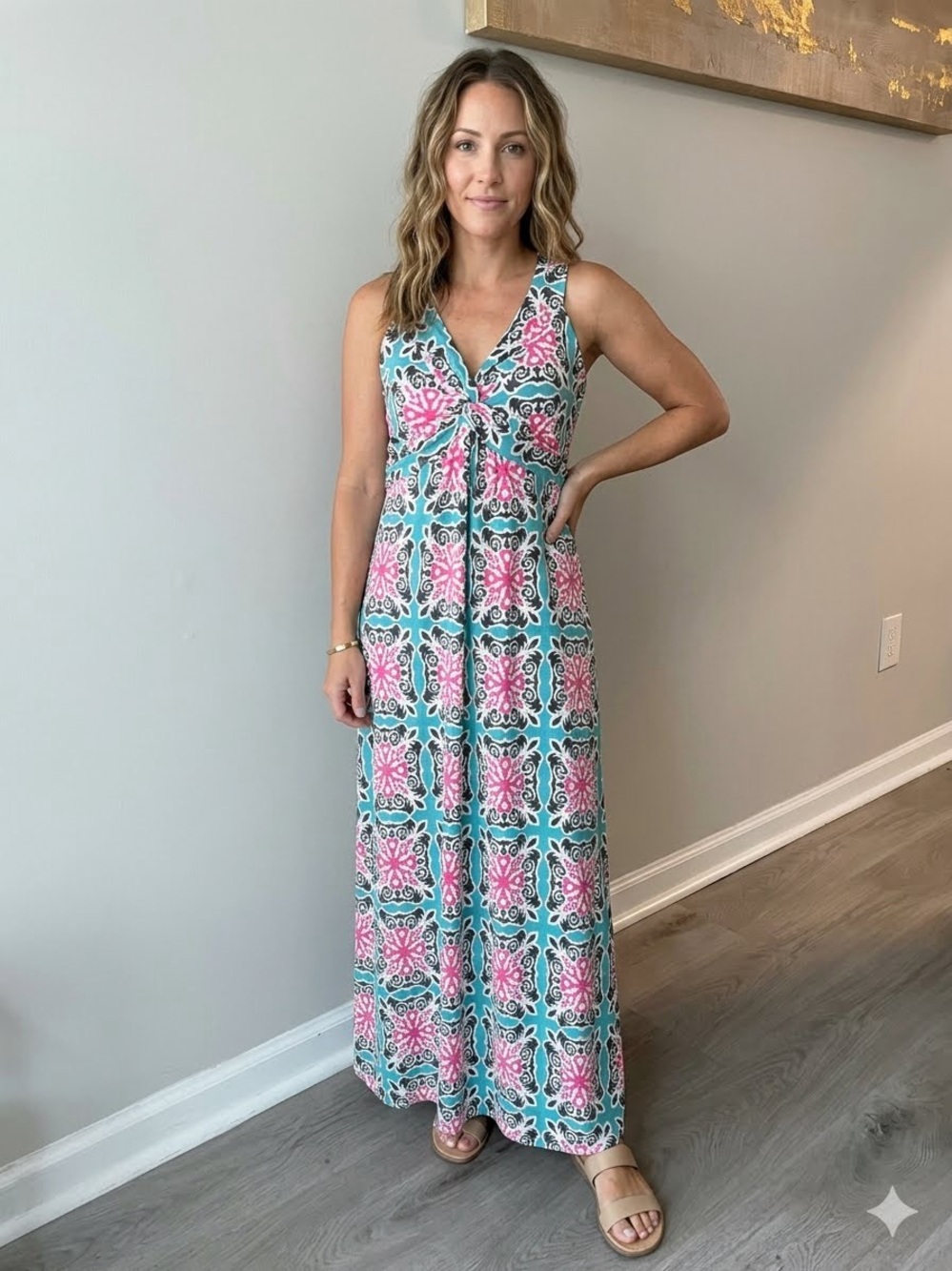 Boden Patterned Maxi Dress Turquoise Pink Black Twist Front Sleeveless Size 14P